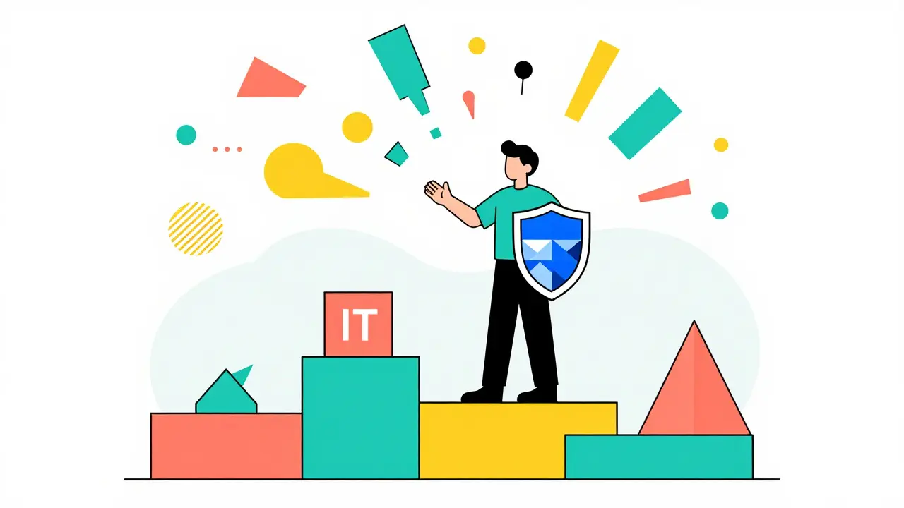 Calm investor standing on stable geometric blocks amidst swirling chaos