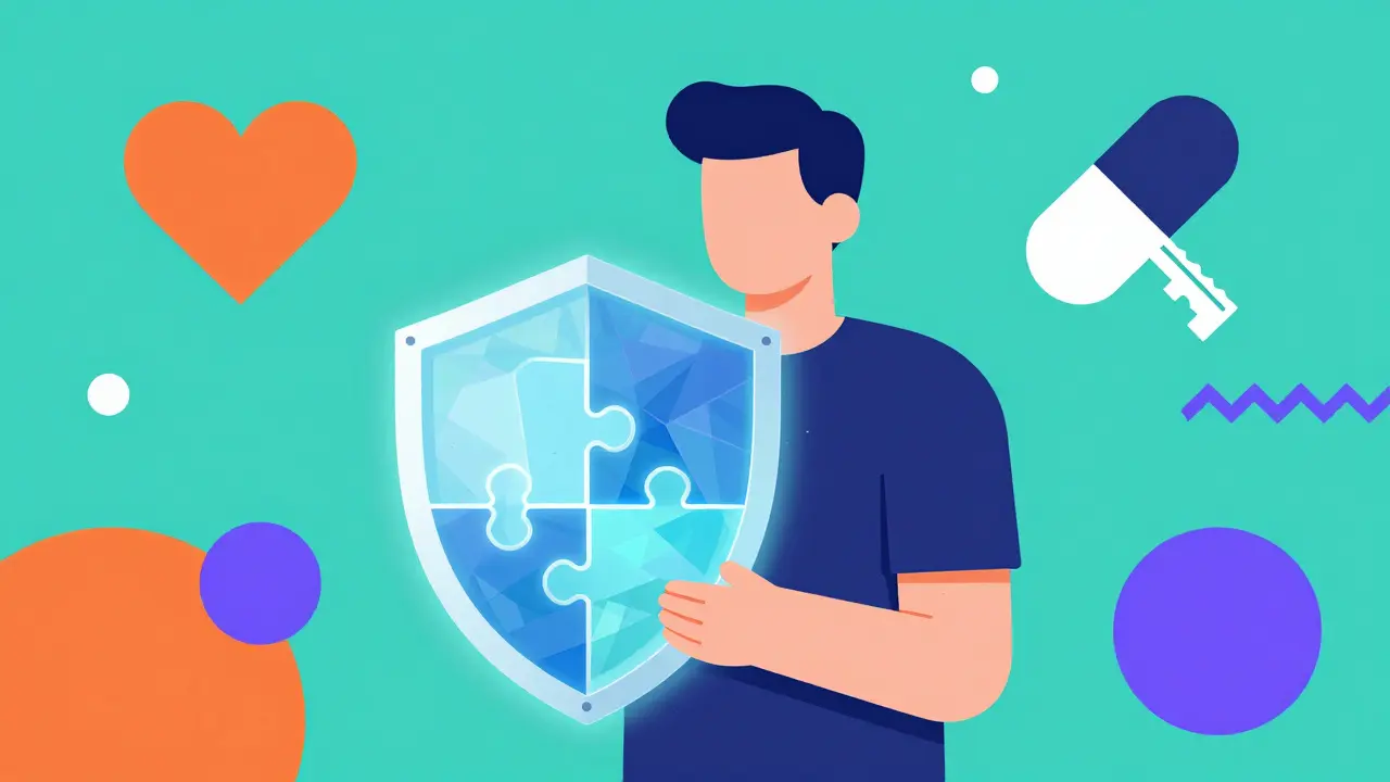 Cartoon figure holding geometric shield for healthcare data