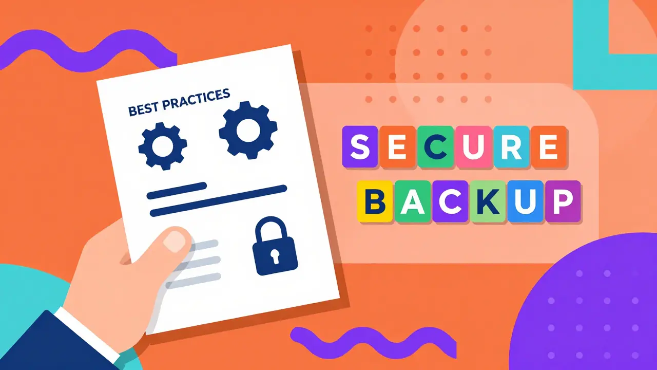 Cartoon hand holding backup notes with geometric icons in Memphis style
