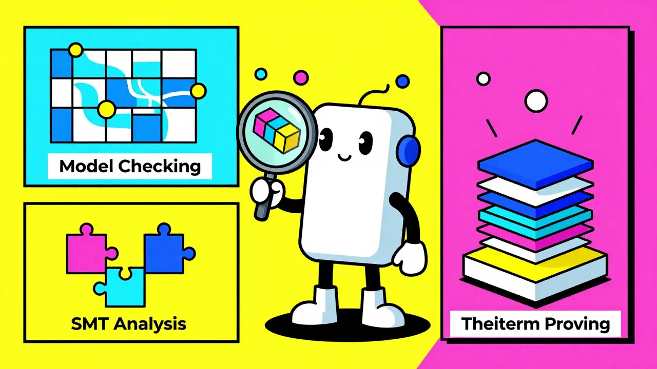 Cartoon robot analyzing code blocks with Memphis design elements representing model checking and SMT analysis.