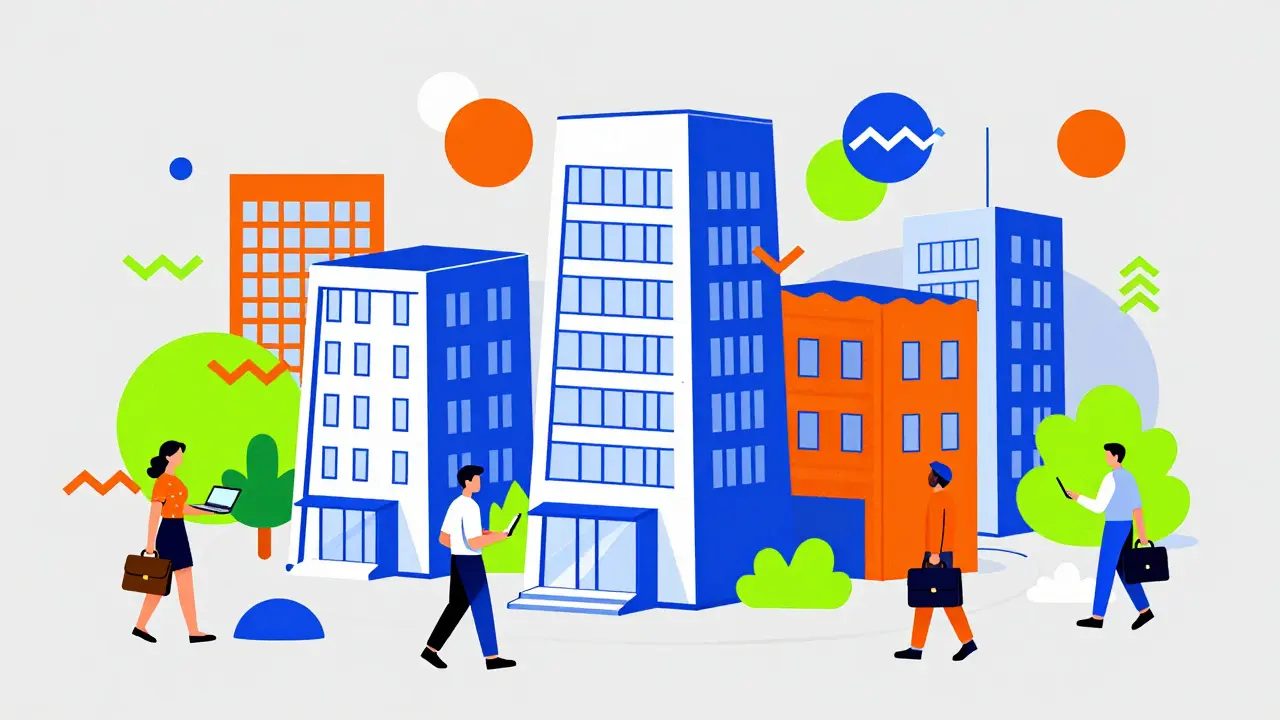 Colorful cartoon illustration of modern apartments and tech workers in Memphis style