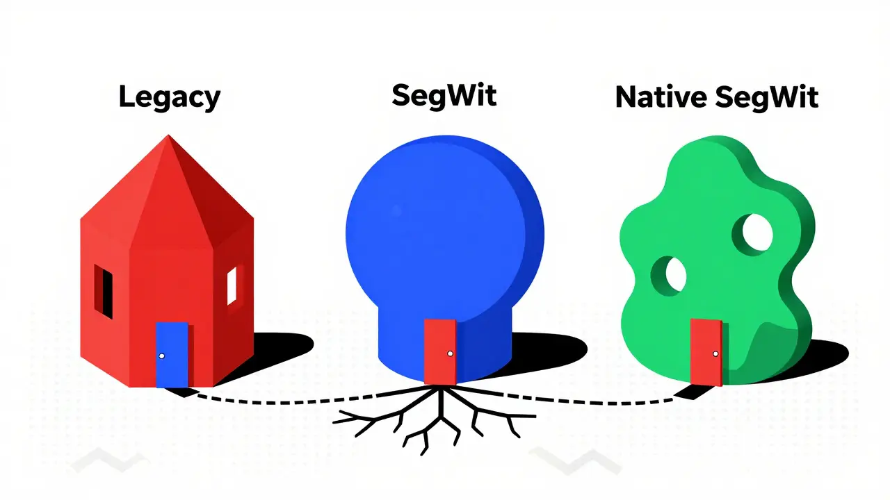 Colorful geometric buildings illustrating different crypto wallet derivation paths