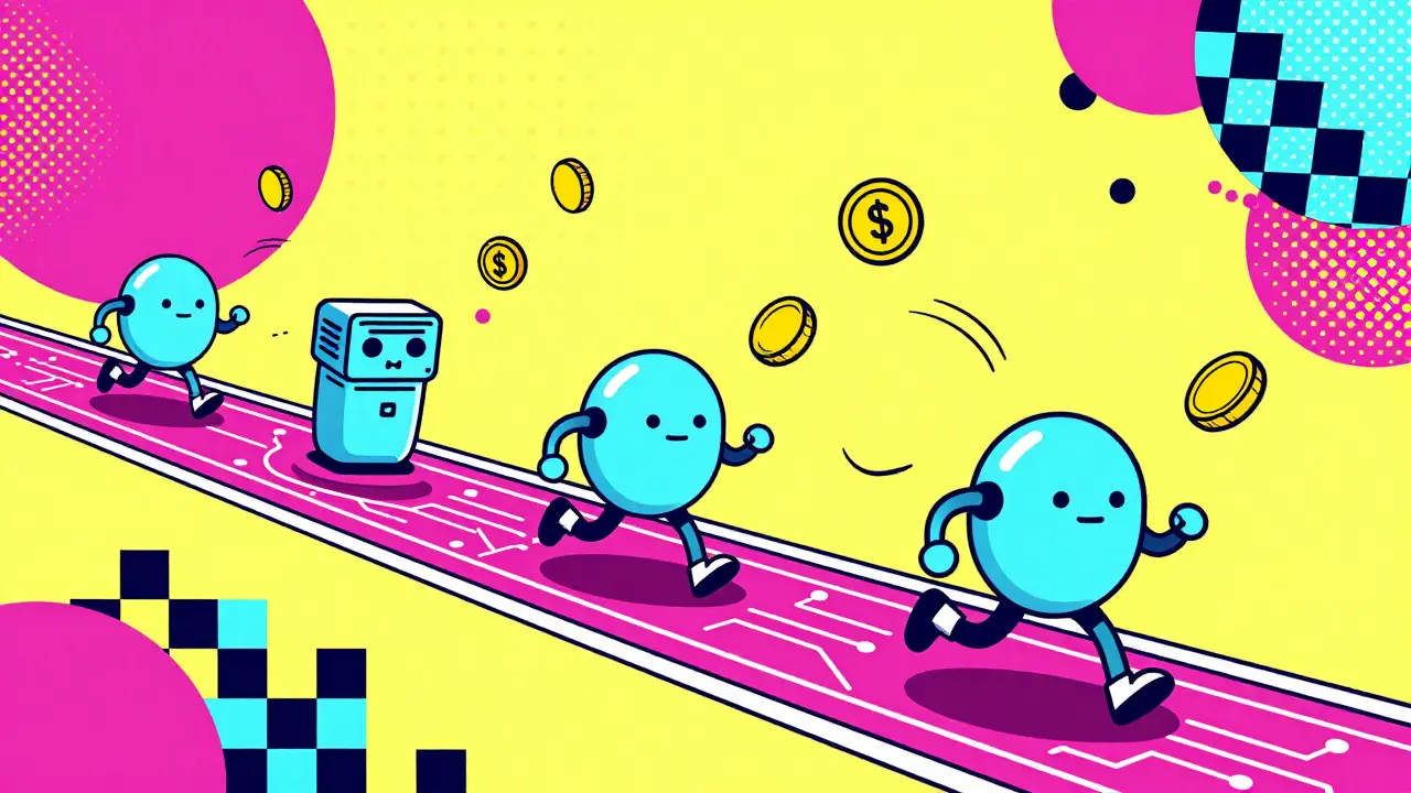 Cute geometric robots racing on a digital track chasing floating coins in a Memphis design style.