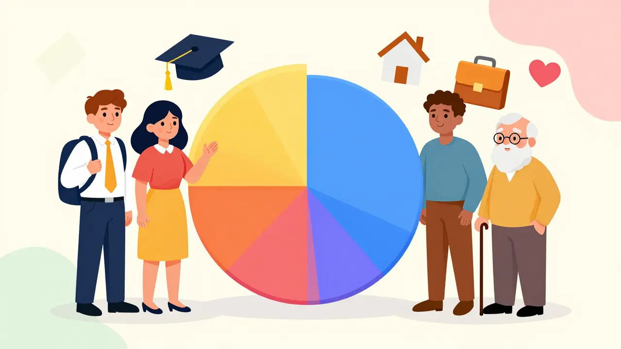 Diverse characters discussing financial planning with colorful abstract charts