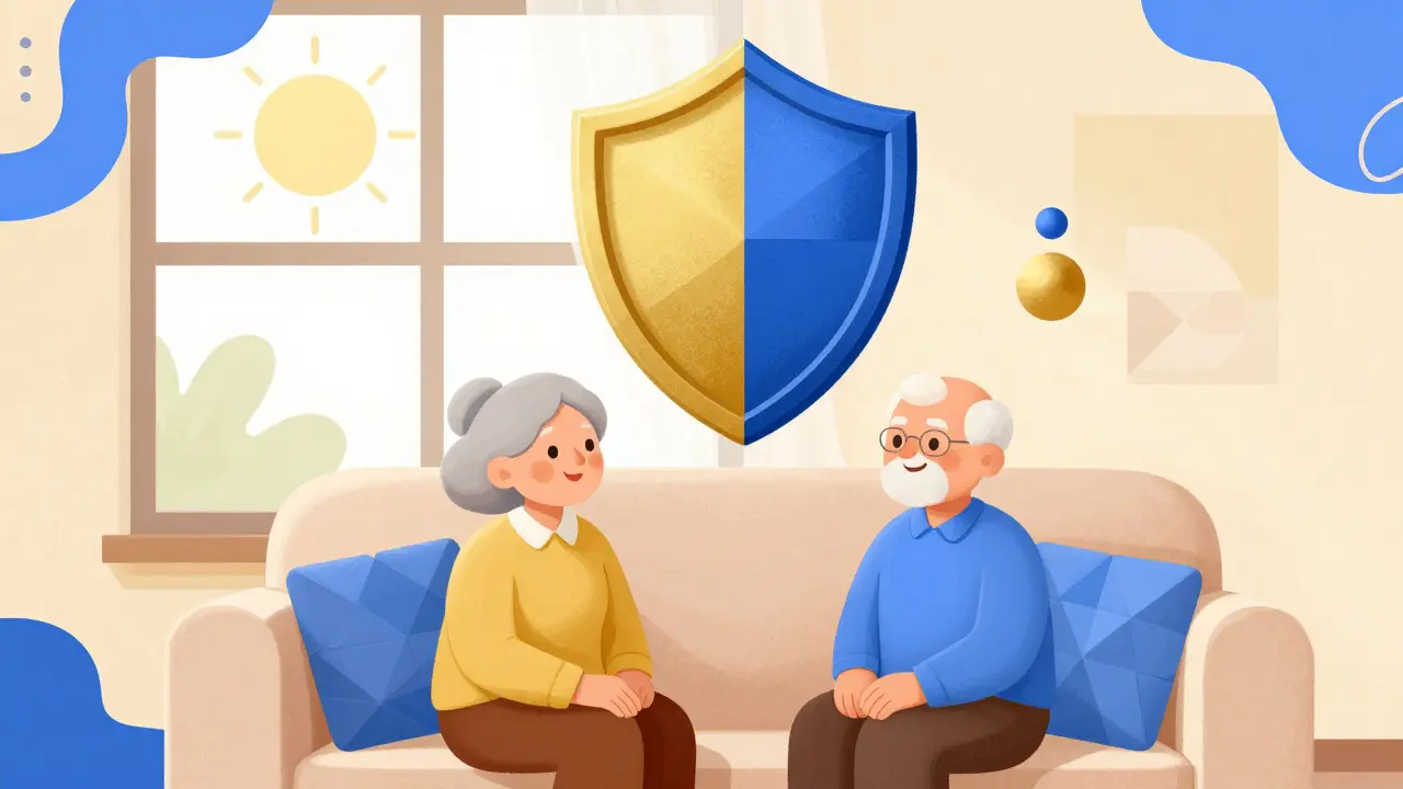 Elderly couple relaxing under a geometric shield pattern