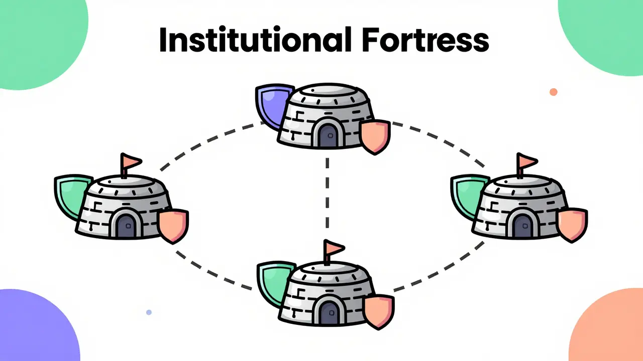 Geometric bunkers connected by lines showing distributed asset storage in Memphis design