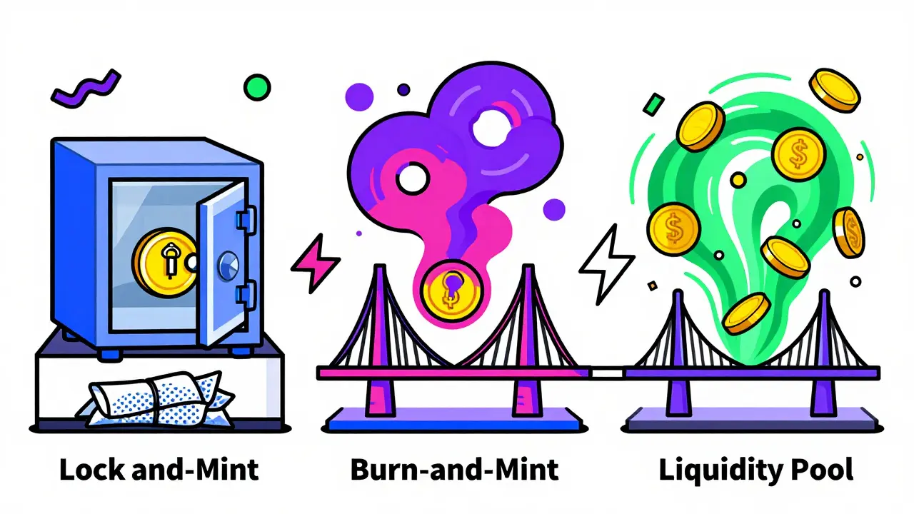 Geometric cartoon showing three types of crypto bridges: locking, burning, and liquidity pools.