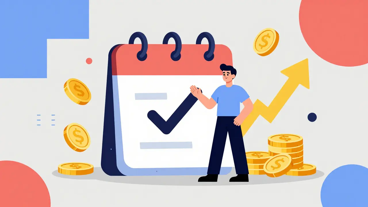 Illustration of a person with a checked calendar and flowing gold coins symbolizing cash flow.