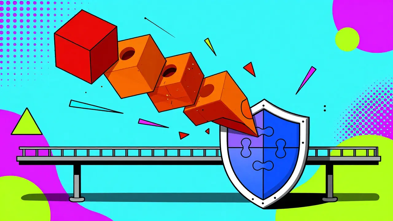 Illustration of falling tokens versus a secure shield, depicting supply imbalance and bridge security.