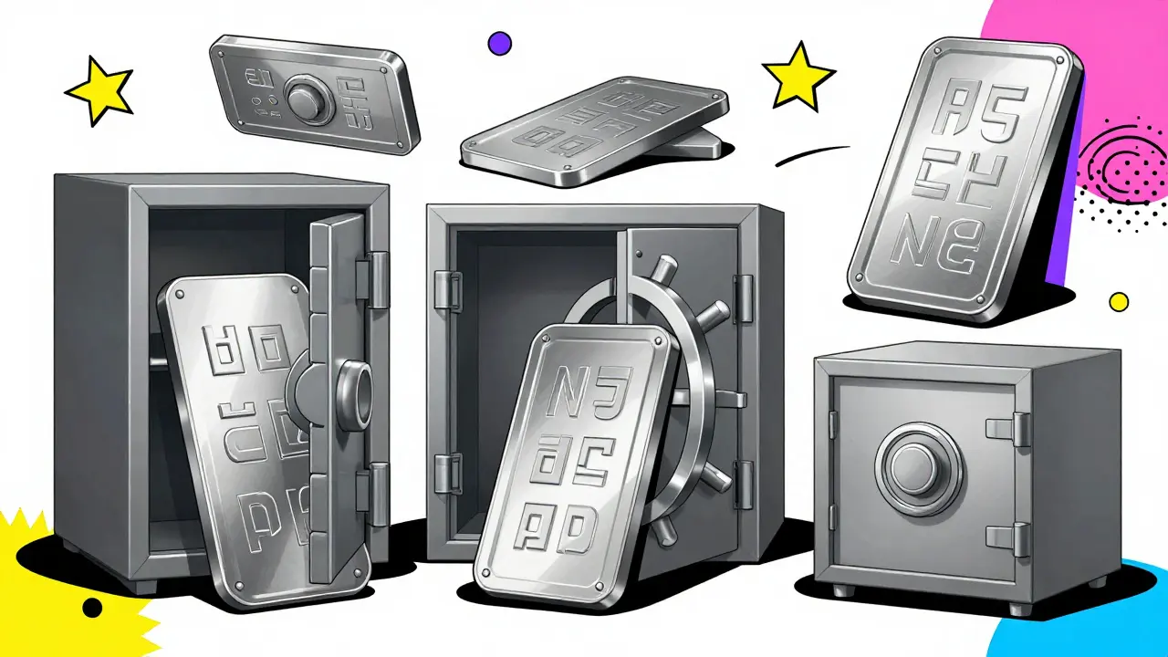 Illustration of metal crypto backup plates stored in separate secure locations