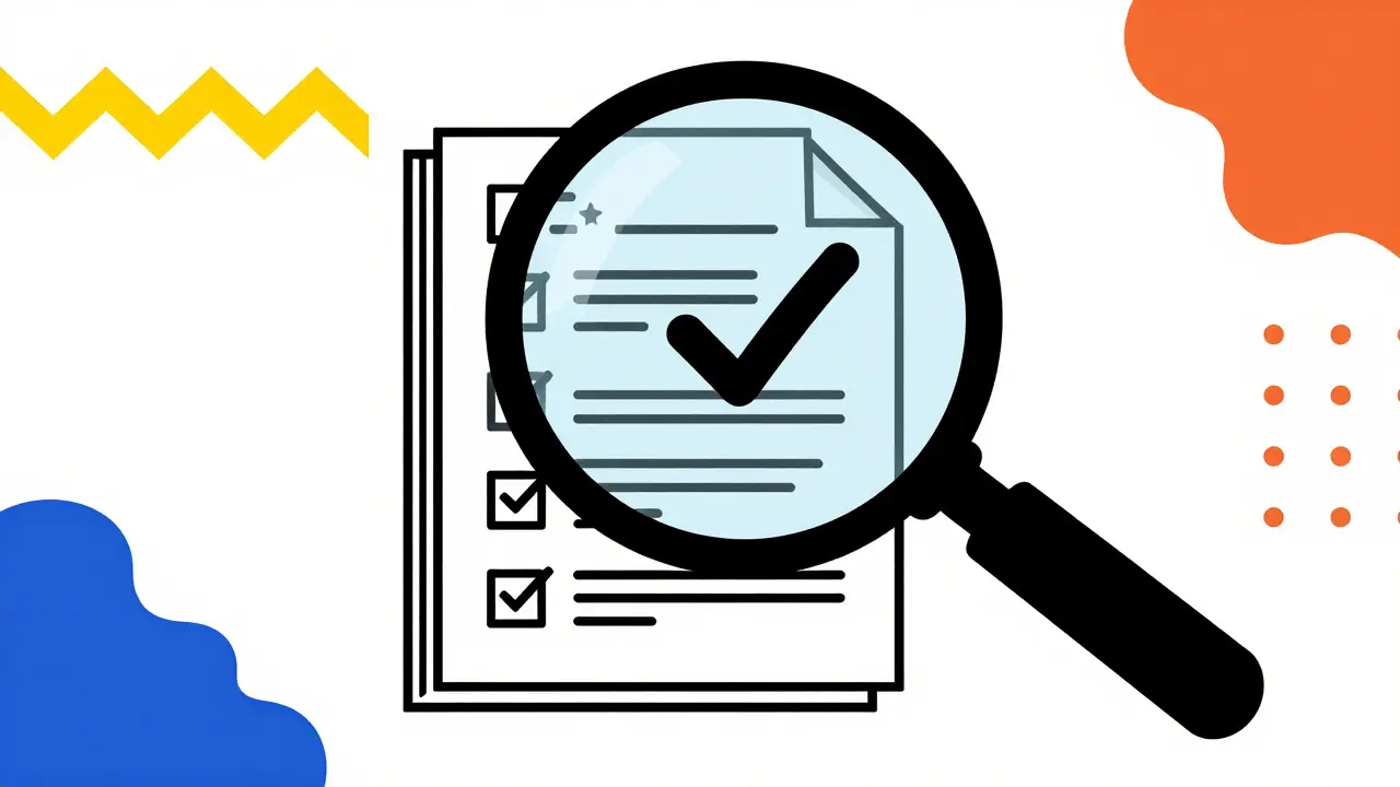 Magnifying glass inspecting documents with colorful geometric shapes
