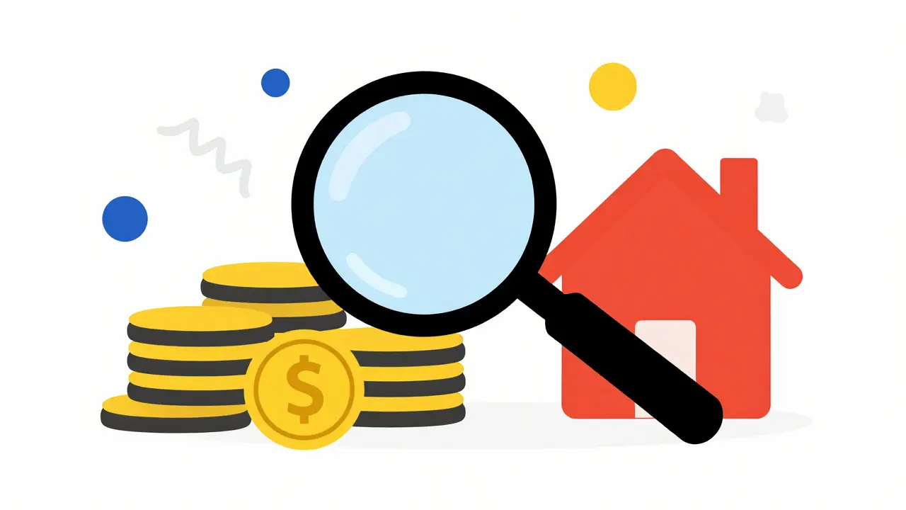 Magnifying glass over coins and house in Memphis design for value investing