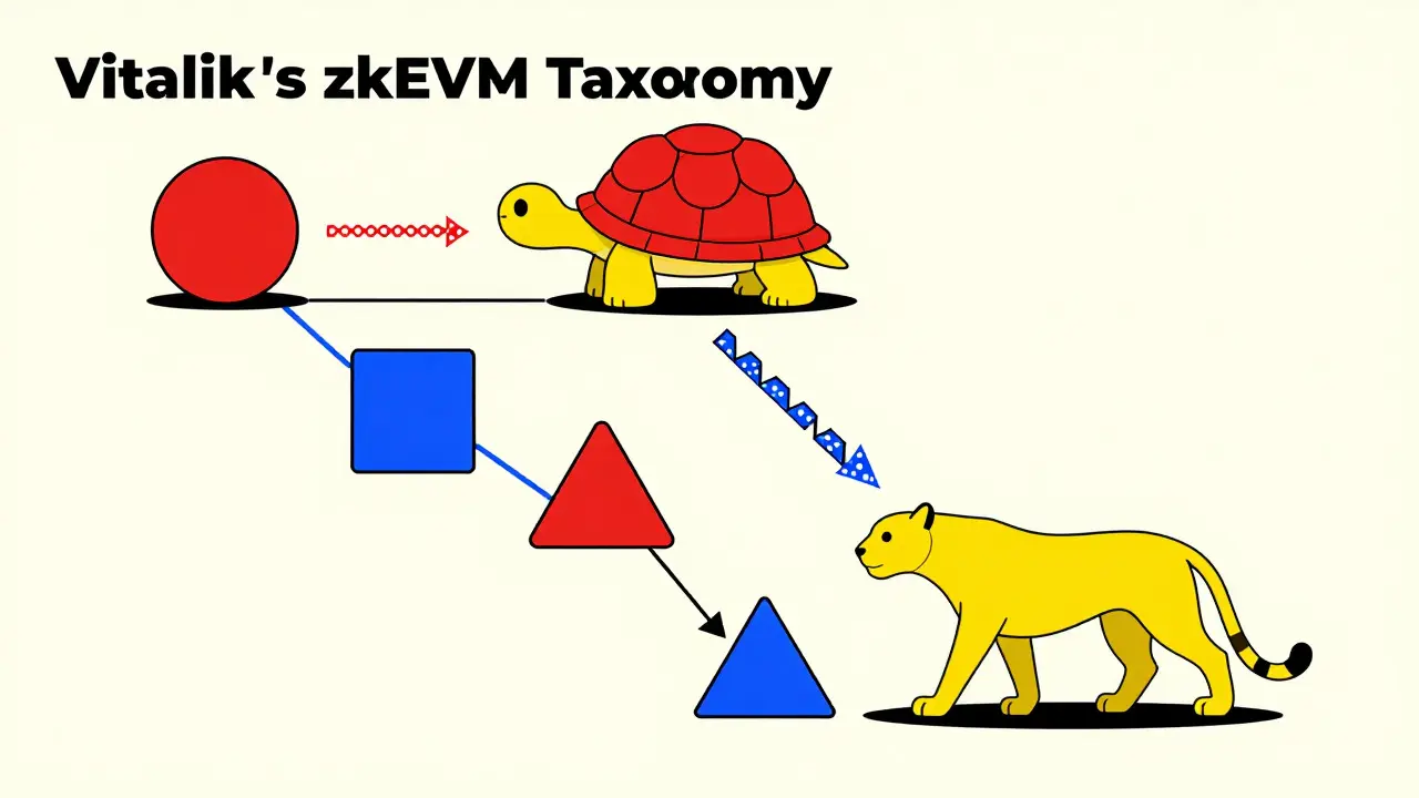 Memphis design illustration of Vitalik's taxonomy ladder showing trade-offs between speed and compatibility.