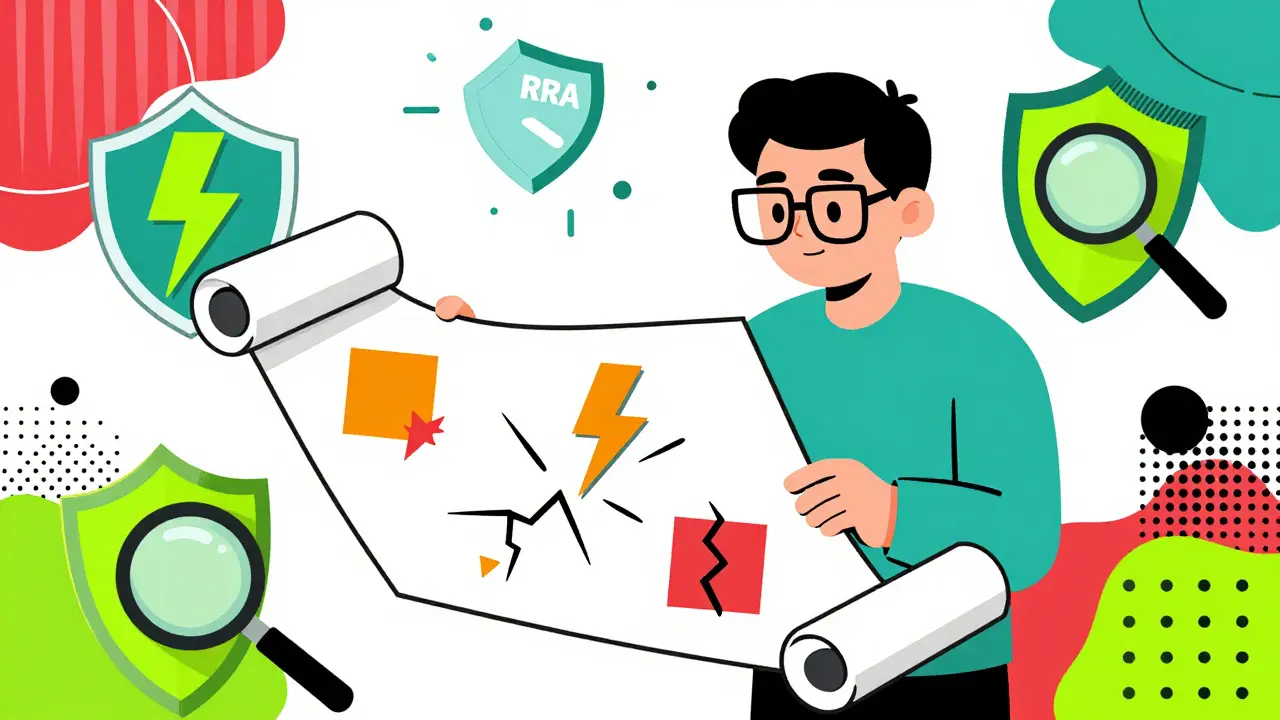 Memphis design showing a figure inspecting blueprints with risk and safety icons