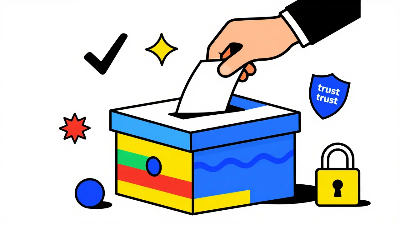 Memphis design voting box with colorful abstract shapes