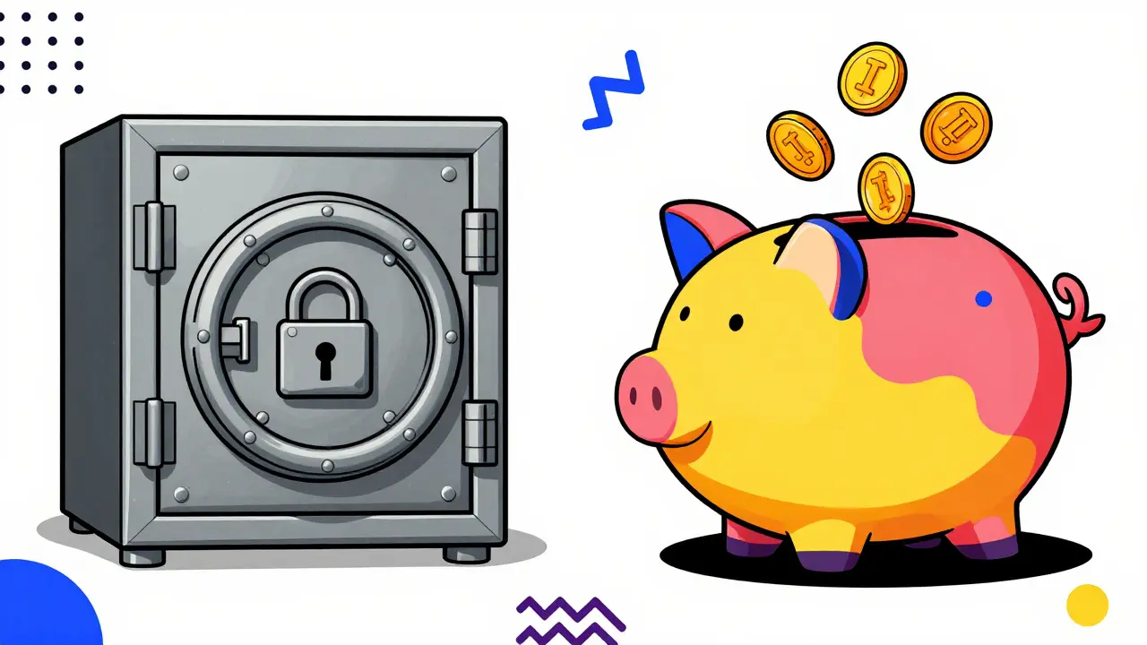 Memphis style art comparing locked Tier I and flexible Tier II accounts