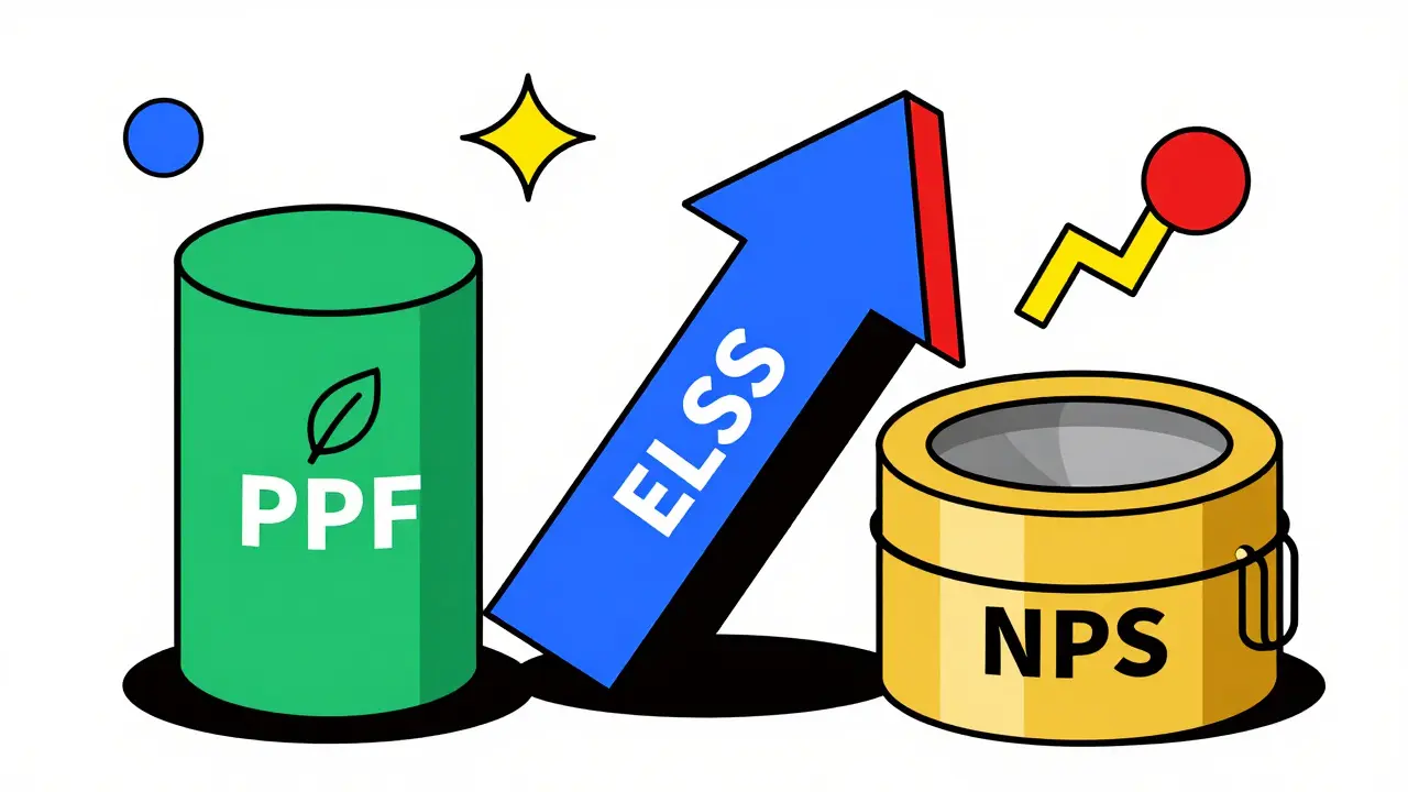 Memphis style graphic comparing PPF, ELSS, and NPS investment options