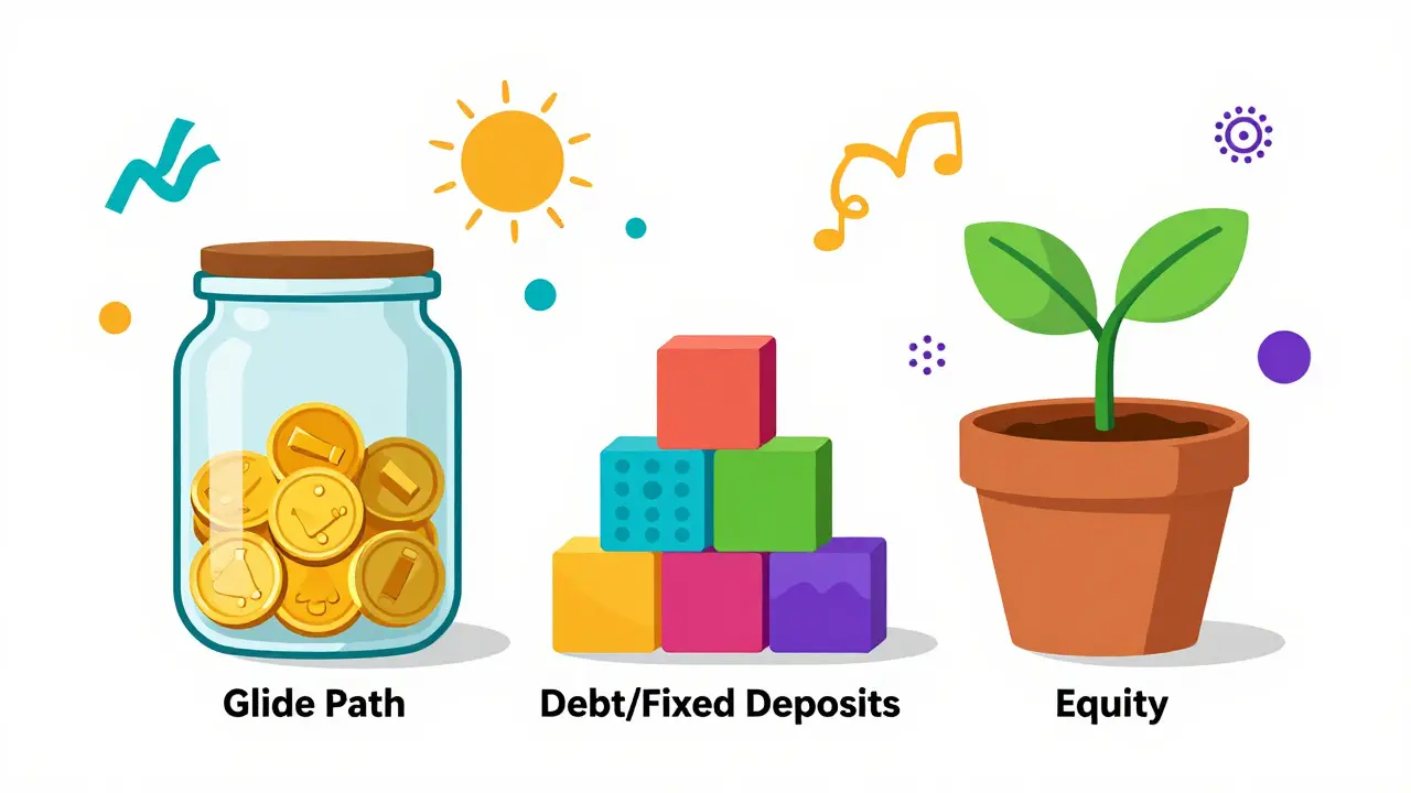 Memphis style graphic showing diversified retirement assets: gold, debt, and equity.