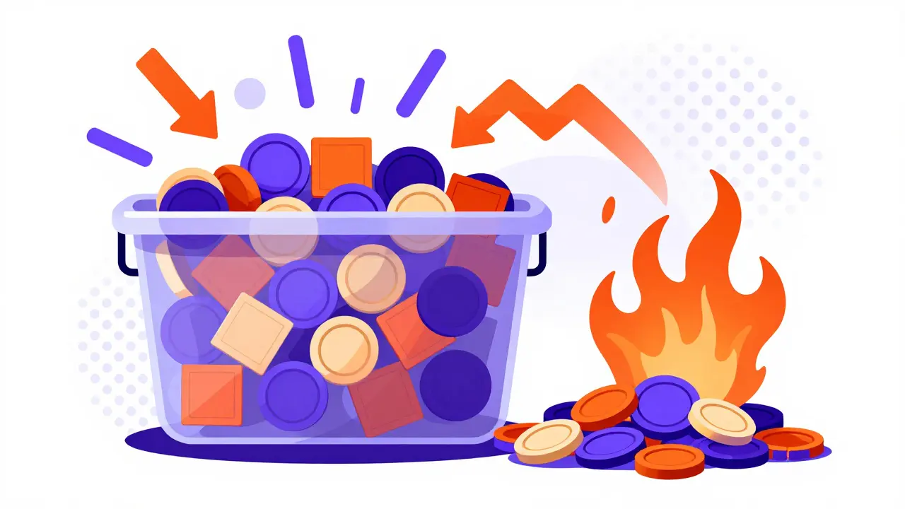 Memphis style illustration of token supply containers and flow arrows