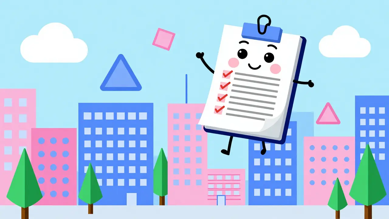 Stylized cityscape with floating checklist in Memphis design
