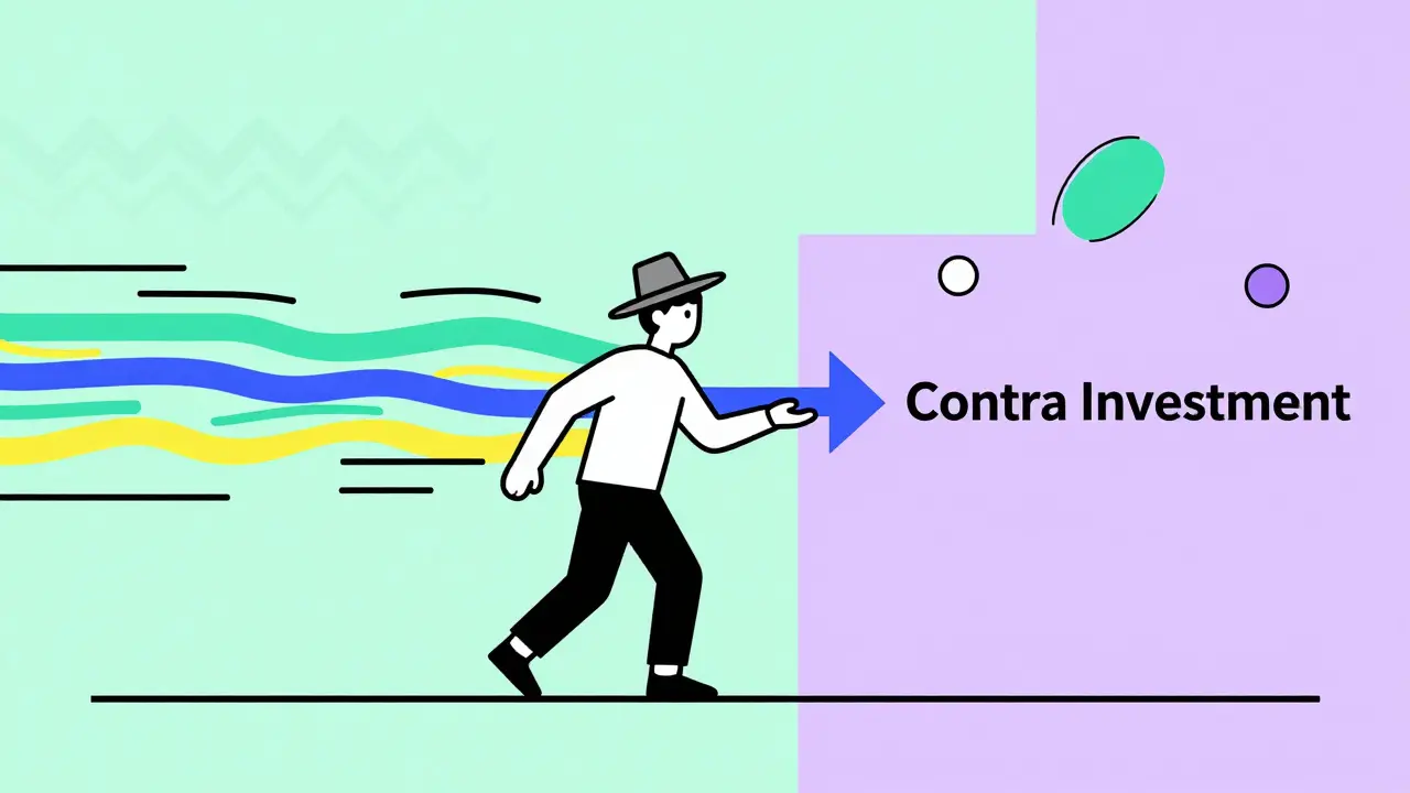 Stylized figure walking against wind arrows in Memphis design for contra funds