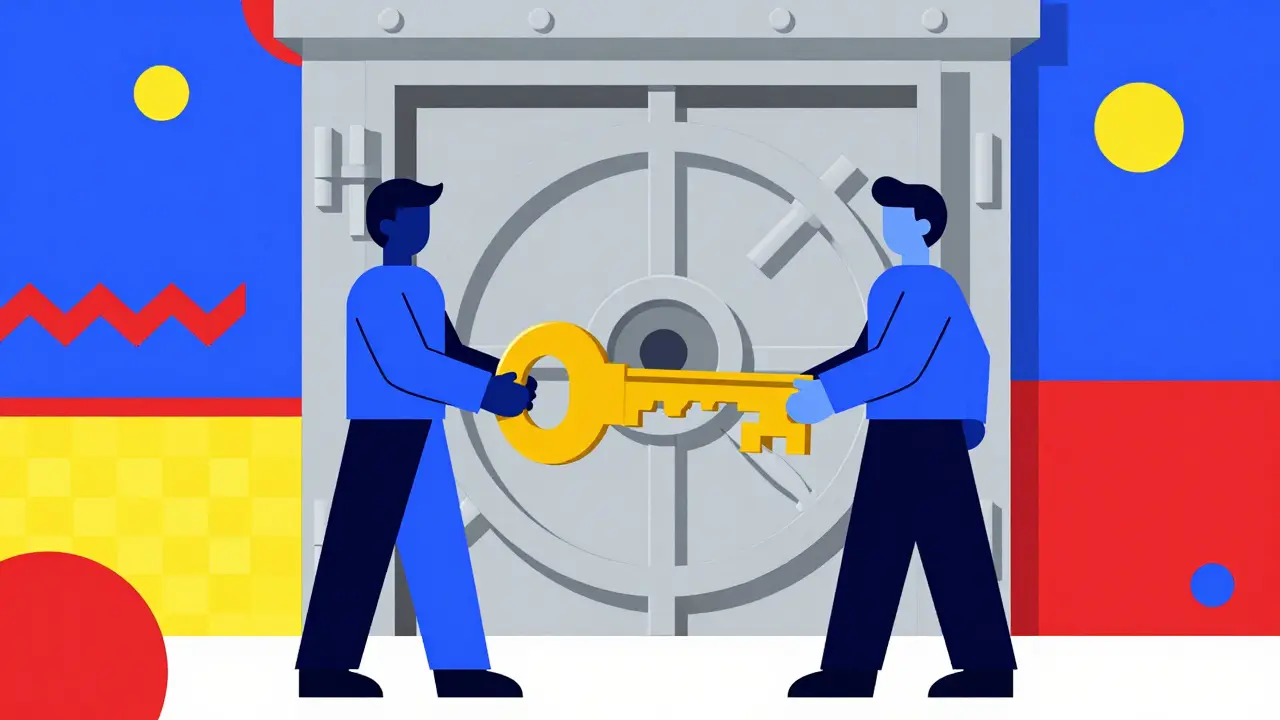 Two abstract figures holding a split key for dual-control security in Memphis art style