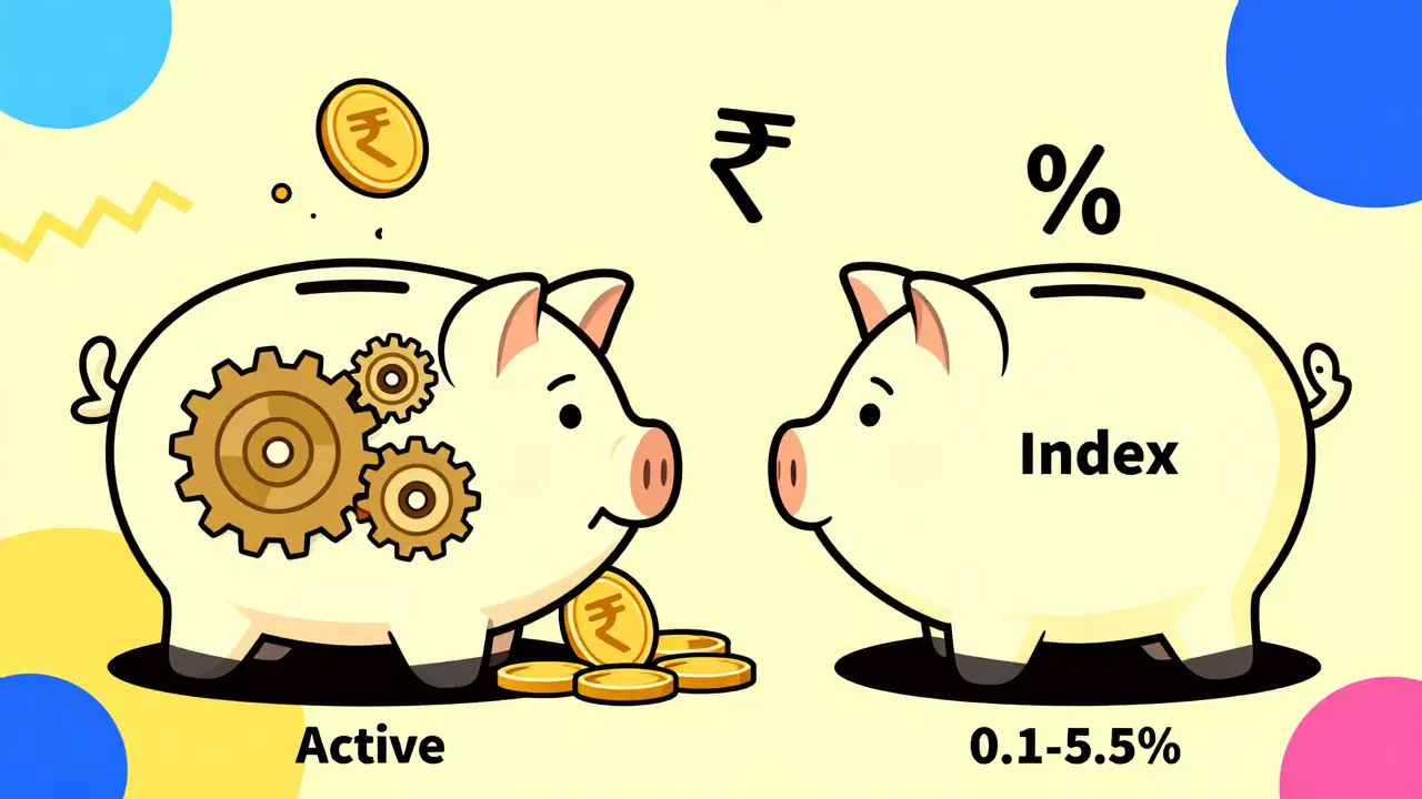 Two piggy banks comparing high fees of active funds vs low costs of index funds.