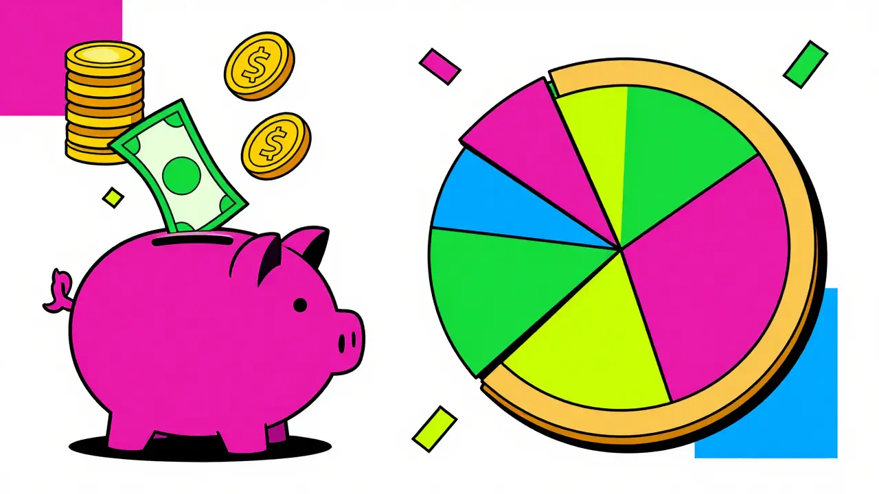Visual metaphor of dividends as cash and stock splits as dividing pie slices in Memphis style