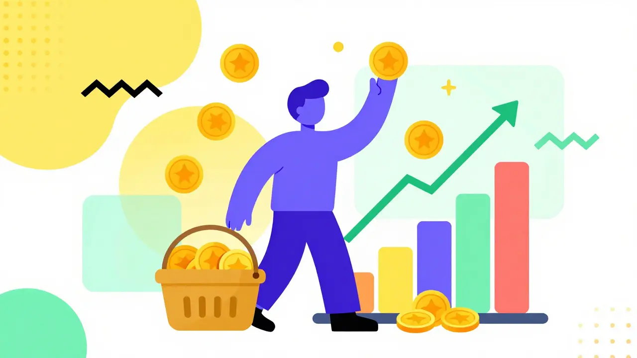 Abstract cartoon figure catching gold coins amidst colorful geometric patterns