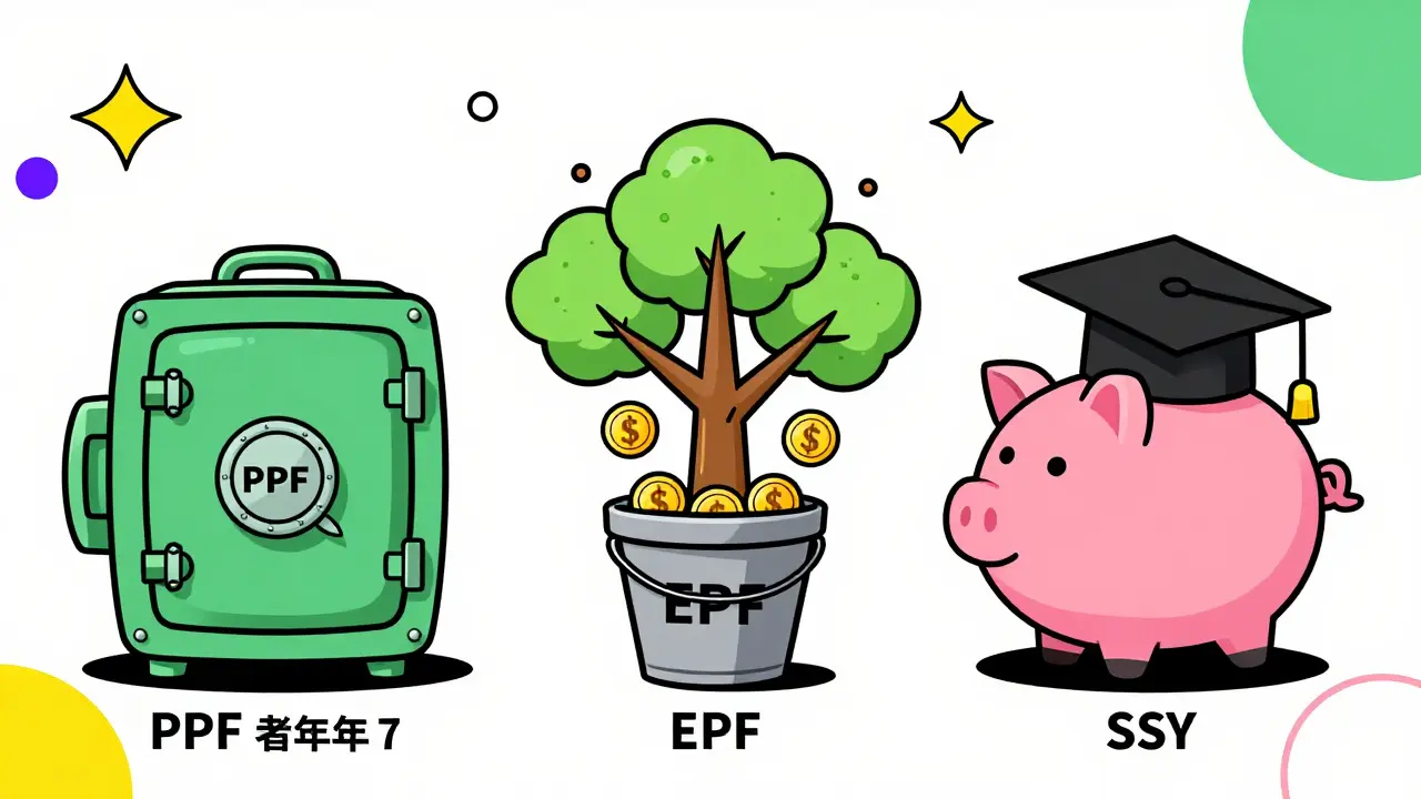 Abstract comparison of PPF, EPF, and SSY benefits using Memphis art