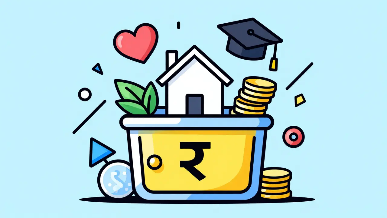 Abstract icons of insurance, home loans, and fees being sorted into a central savings container.