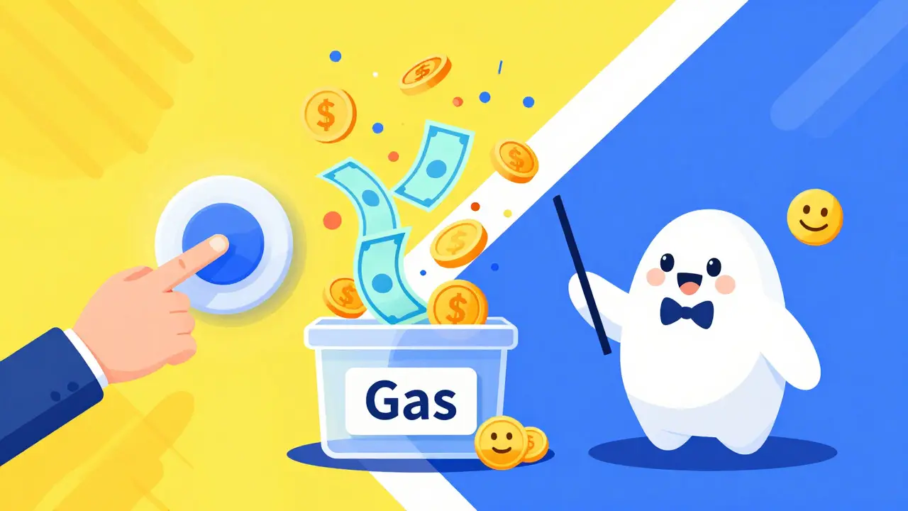 Abstract illustration of gas fees being paid seamlessly via paymaster