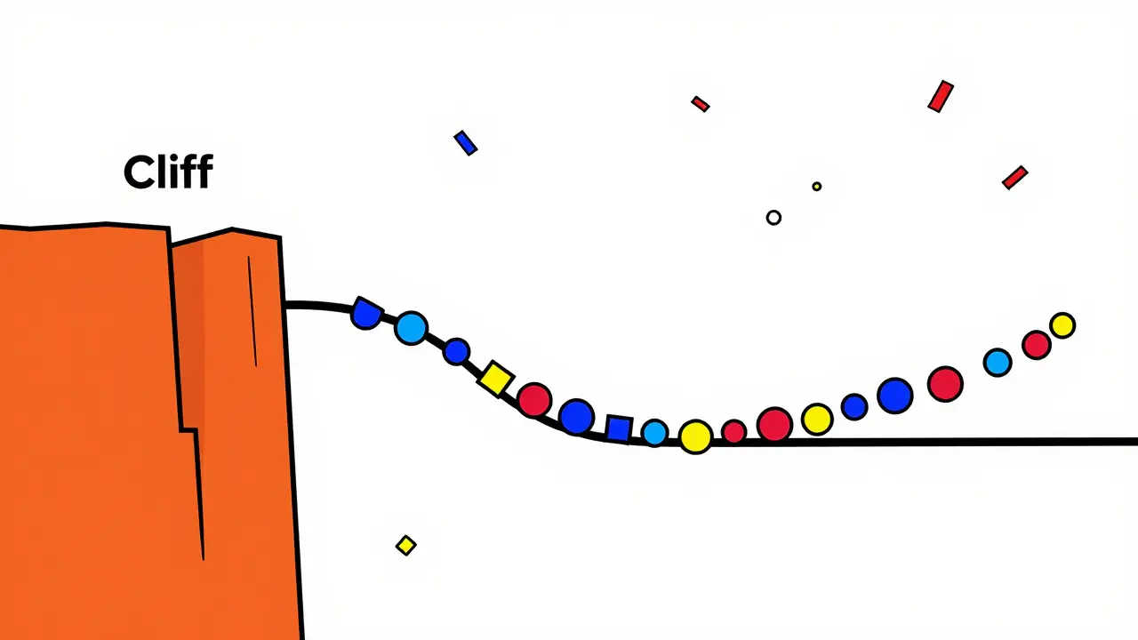 Abstract timeline showing vesting cliff and gradual token release in cartoon style