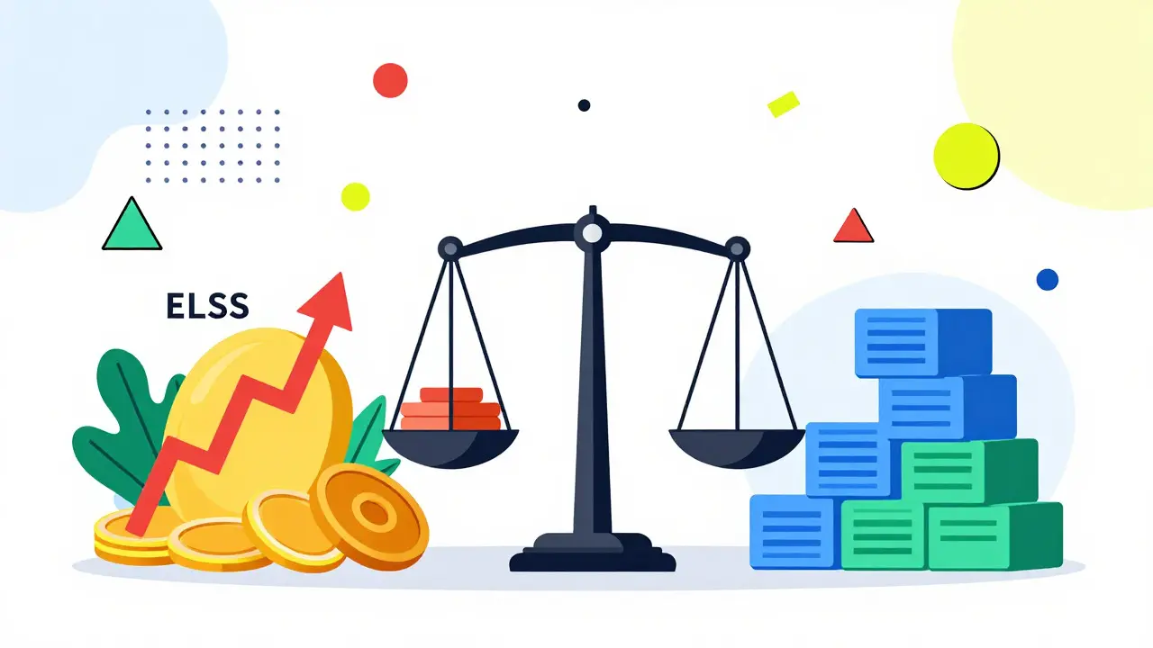 Balanced scale showing mixed portfolio of stocks and fixed deposits
