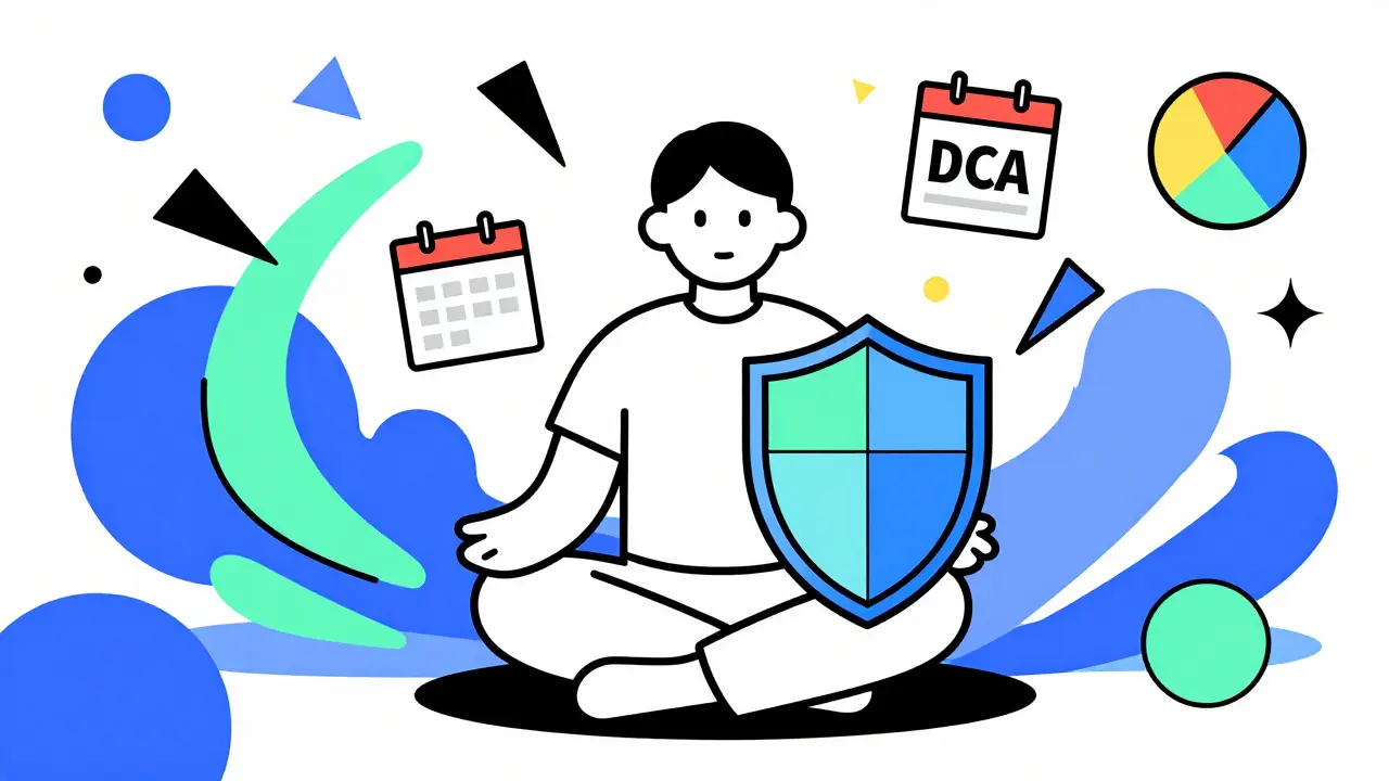 Calm investor figure holding a geometric shield against chaotic abstract shapes representing market fear.