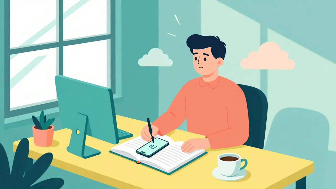 Calm trader at organized desk with phone away, peaceful atmosphere