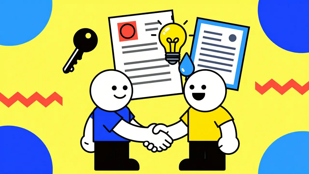 Characters shaking hands with keys and stamps in Memphis art