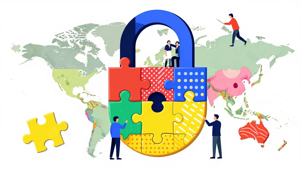 Colorful geometric puzzle pieces forming a compliance shield