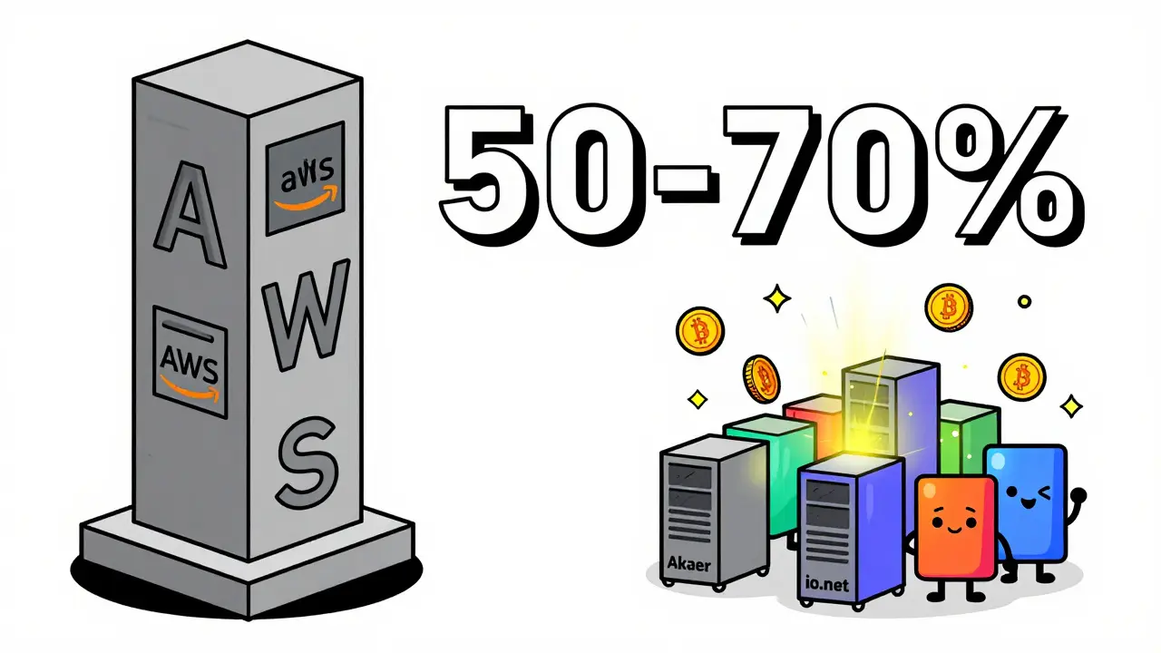 Comparison of cheap decentralized servers vs expensive centralized cloud costs in cartoon style.