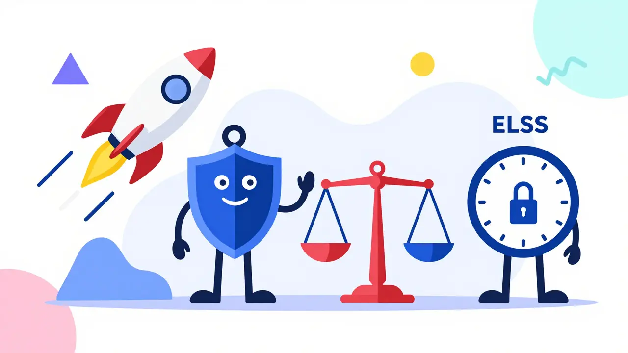 Four characters representing Equity, Debt, Hybrid, and ELSS funds