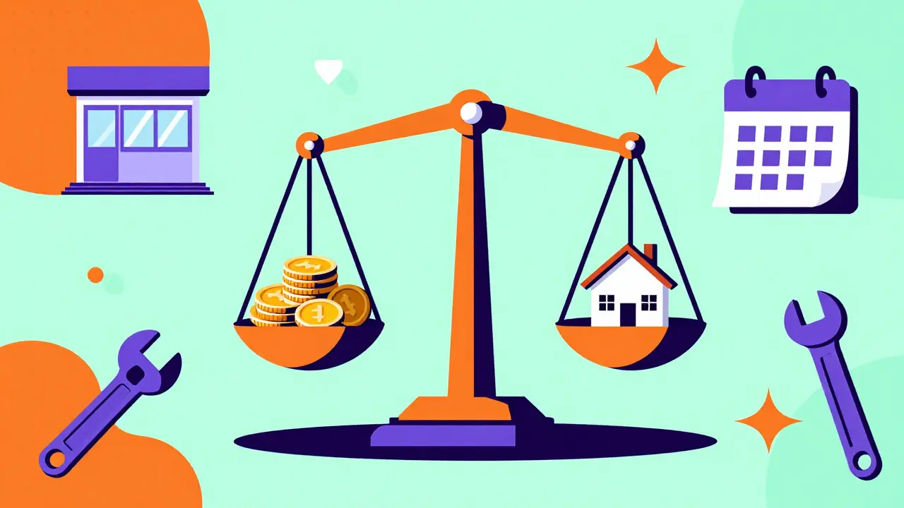 Geometric scale weighing house value and coins in cartoon style