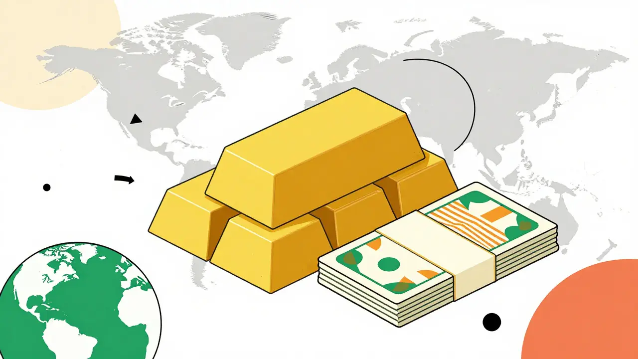 Gold bar and international bonds in abstract Memphis style