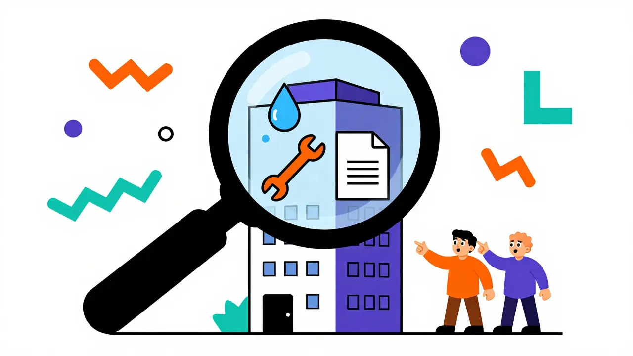 Graphic showing inspection of building quality and maintenance