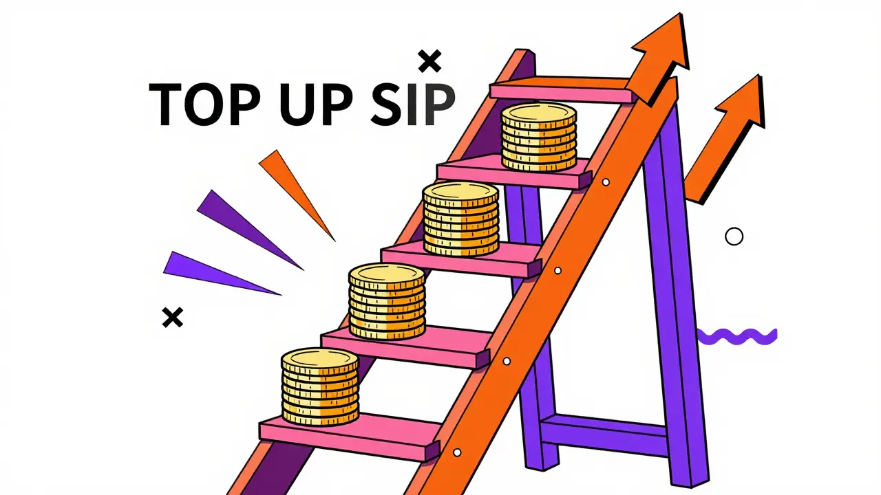 Illustration of growing investment contributions climbing a colorful geometric ladder