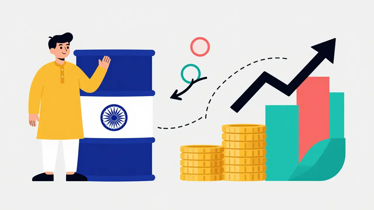Illustration of Indian economy factors like oil and interest rates using colorful geometric icons.