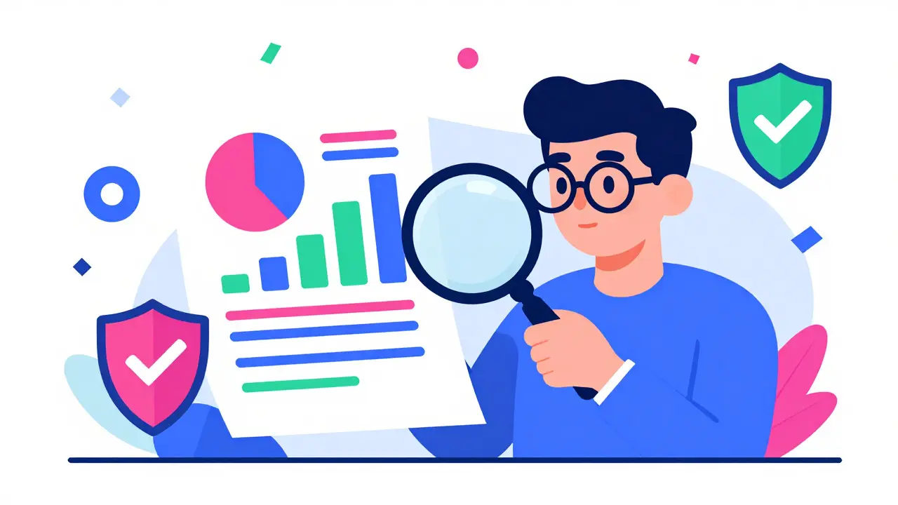 Illustration of investor analyzing pledge data with magnifying glass