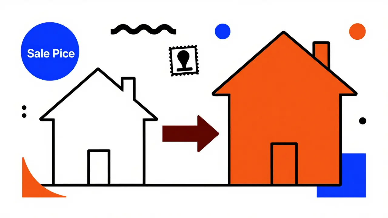 Memphis design graphic comparing sale price and circle rate with geometric houses and arrows.