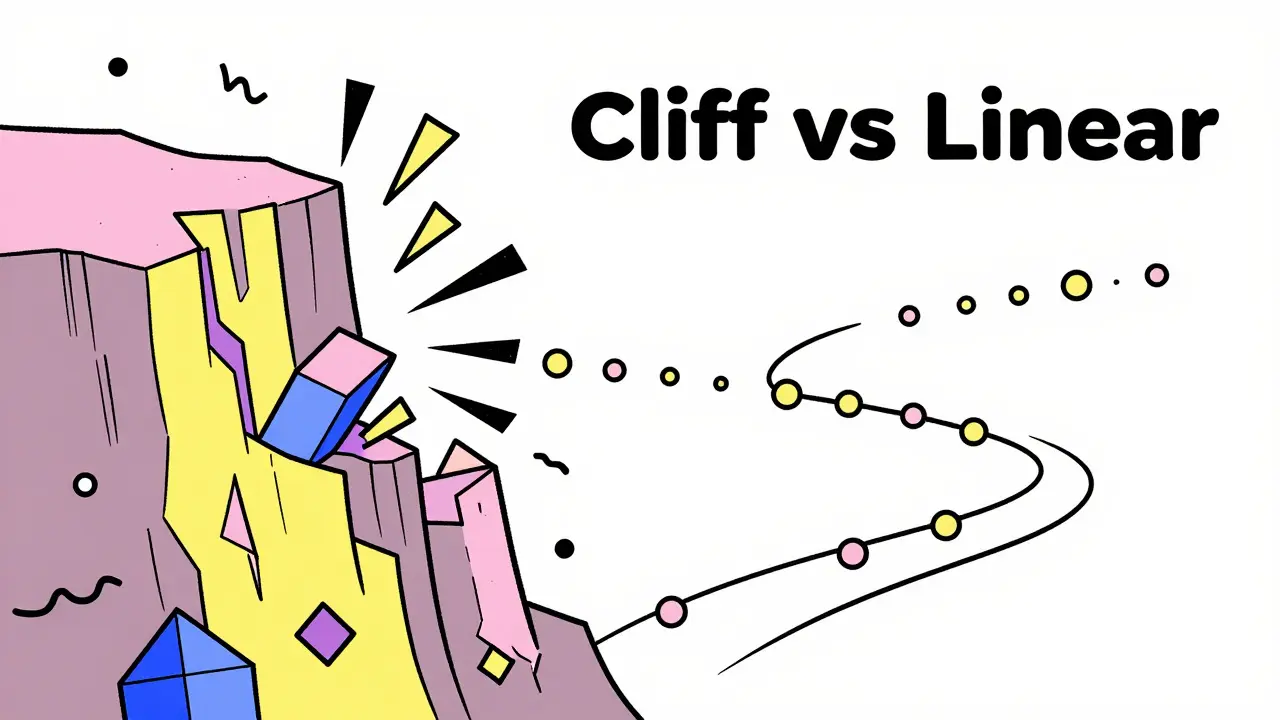 Memphis design illustration comparing sudden cliff unlocks to gradual linear releases