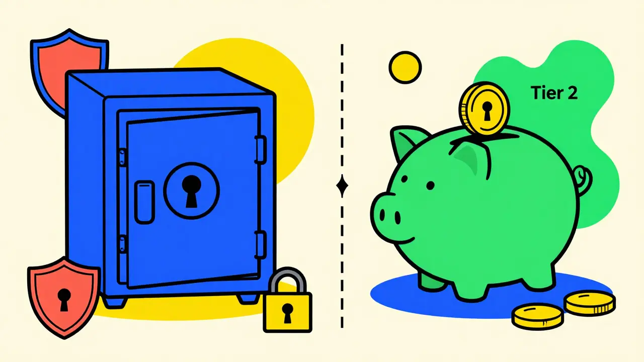Memphis design illustration contrasting a locked safe and an open piggy bank