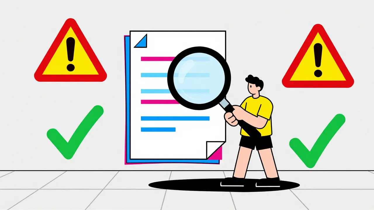 Person checking documents with warning symbols in Memphis design